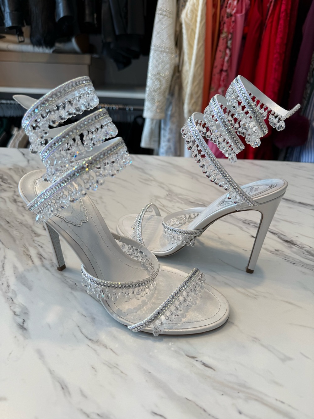 Rene Caovilla White Chandelier Sandals